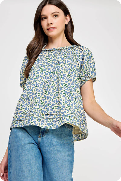 Braid Trim Floral Blouse Blue