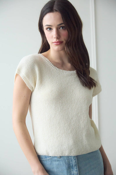 Back Tie Short Sleeve Sweater Cream