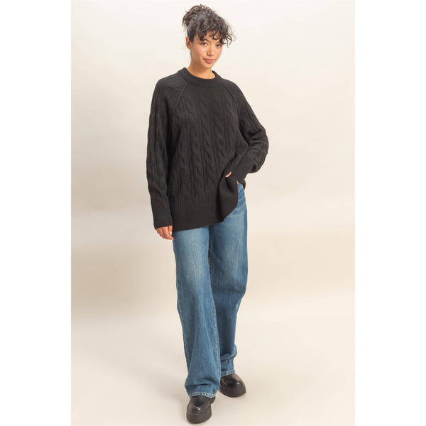 Crew Neck Cable Knit Sweater Black