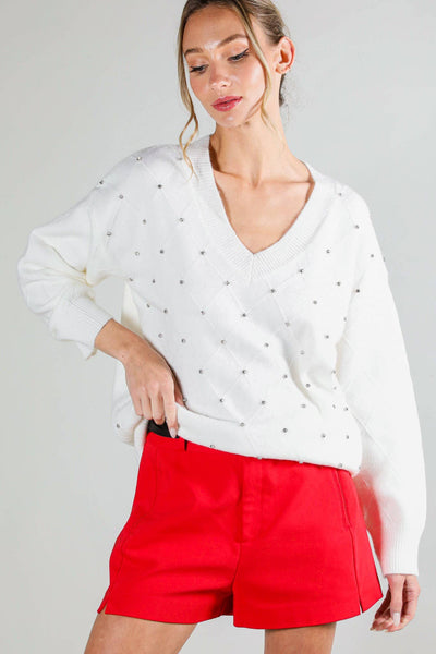 White V-Neck Rhinestone Sweater