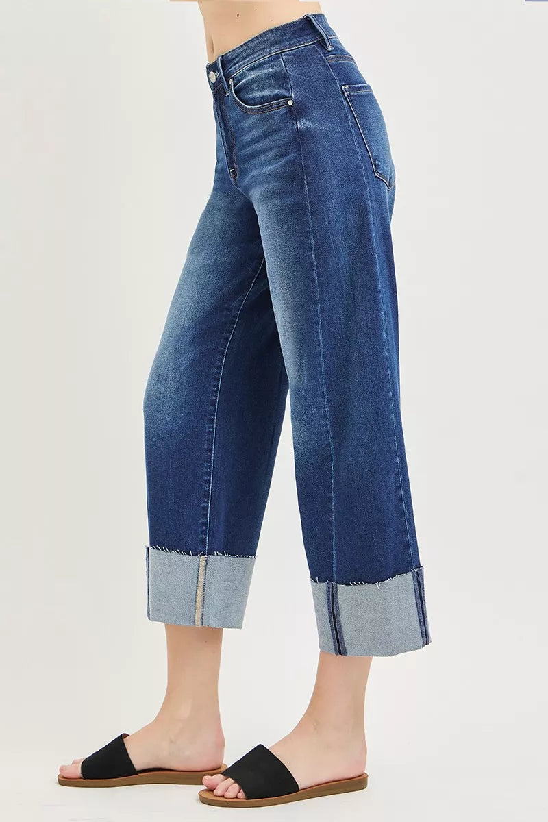 RISEN Relaxed Fit Cropped Barrel Jeans with Cuffed Hem