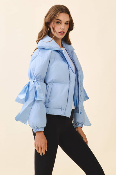 Bow Sleeve Puffer Jacket in Baby Blue