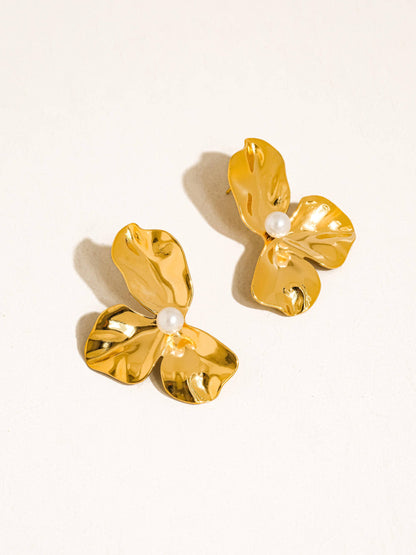 Vintessa 18K gold flower shell pearl drop earrings, hypoallergenic, on white background
