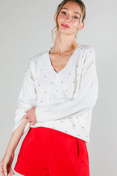 White V-Neck Rhinestone Sweater