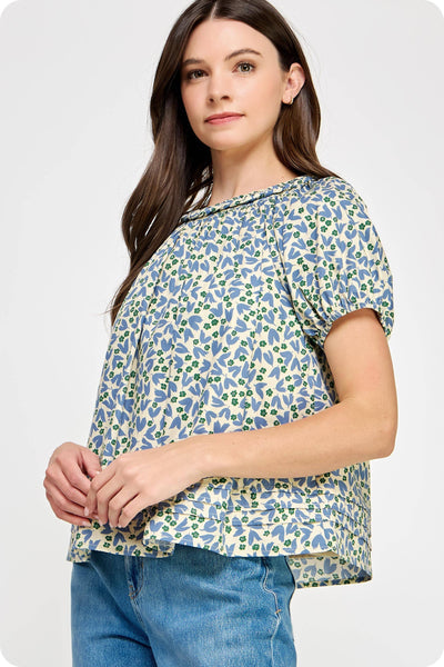 Braid Trim Floral Blouse Blue