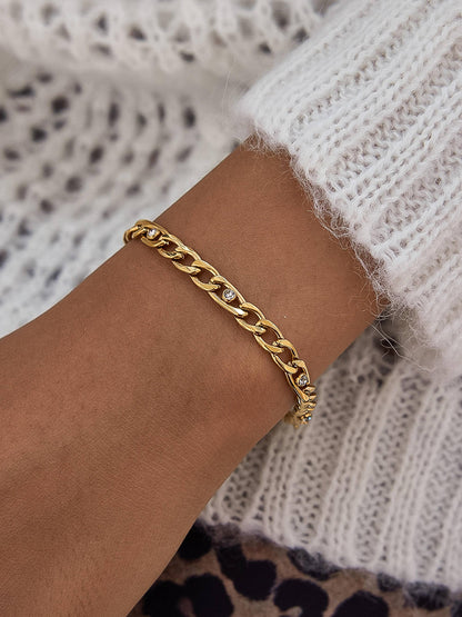 Berlin 18K gold Cuban chain bracelet with CZ accents on wrist, non-tarnish gold jewelry
