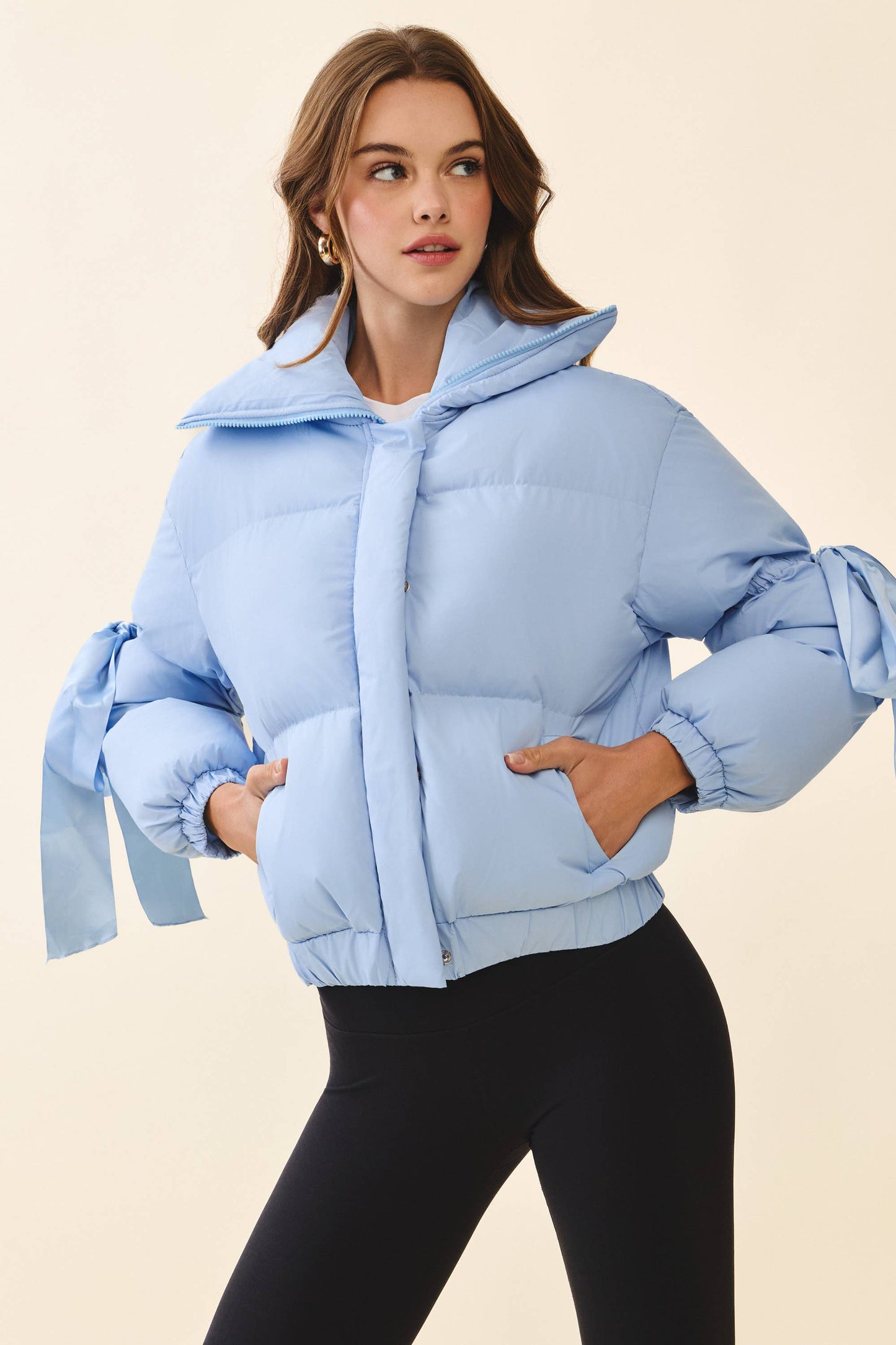 Bow Sleeve Puffer Jacket in Baby Blue