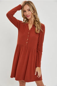 Brushed Ribbed Button Dress Rust