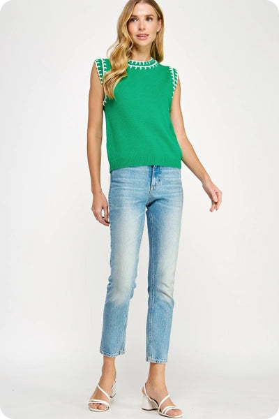 Embroidered Knit Tank Top Emerald