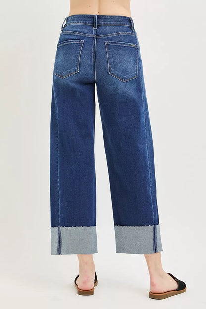 RISEN Relaxed Fit Cropped Barrel Jeans with Cuffed Hem