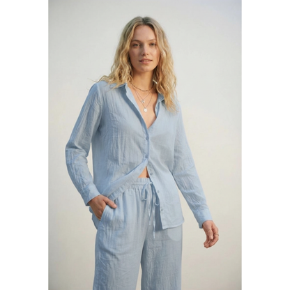 Elevé Light Blue Crinkled Wide-Leg Pants