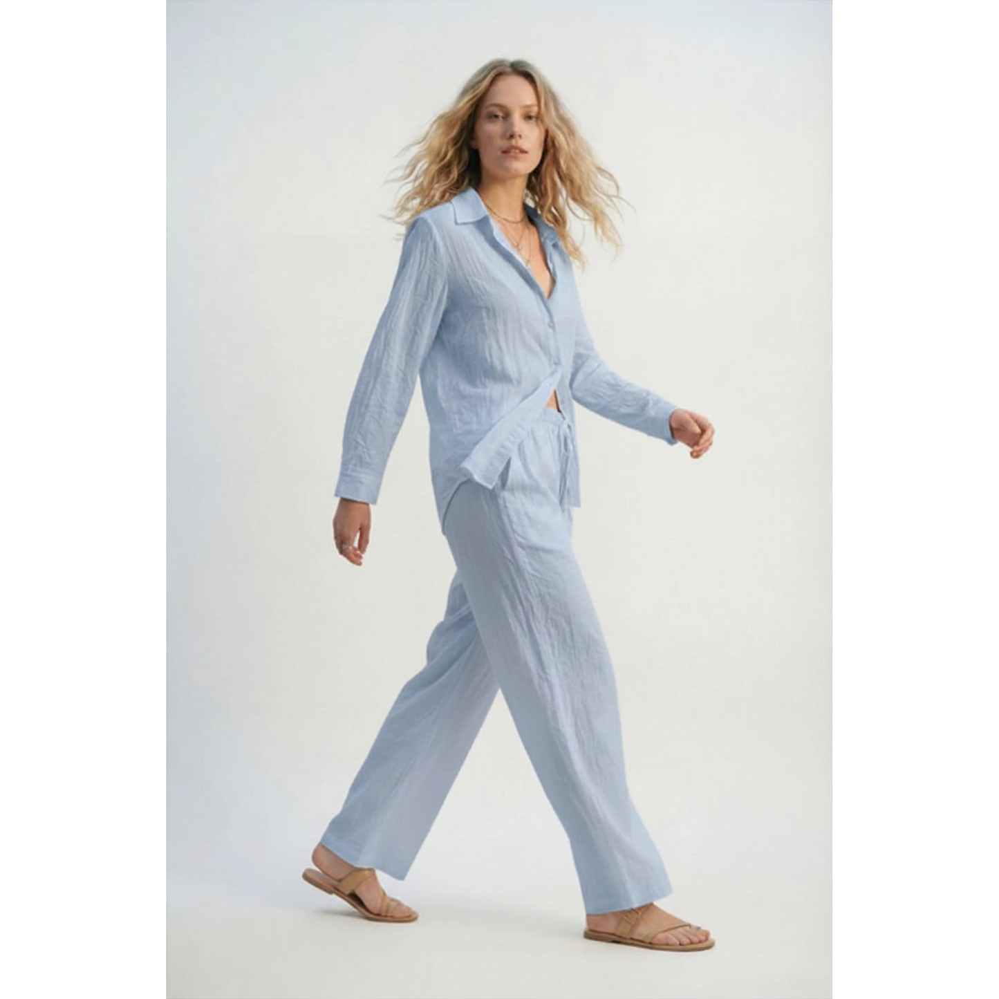 Elevé Light Blue Crinkled Wide-Leg Pants