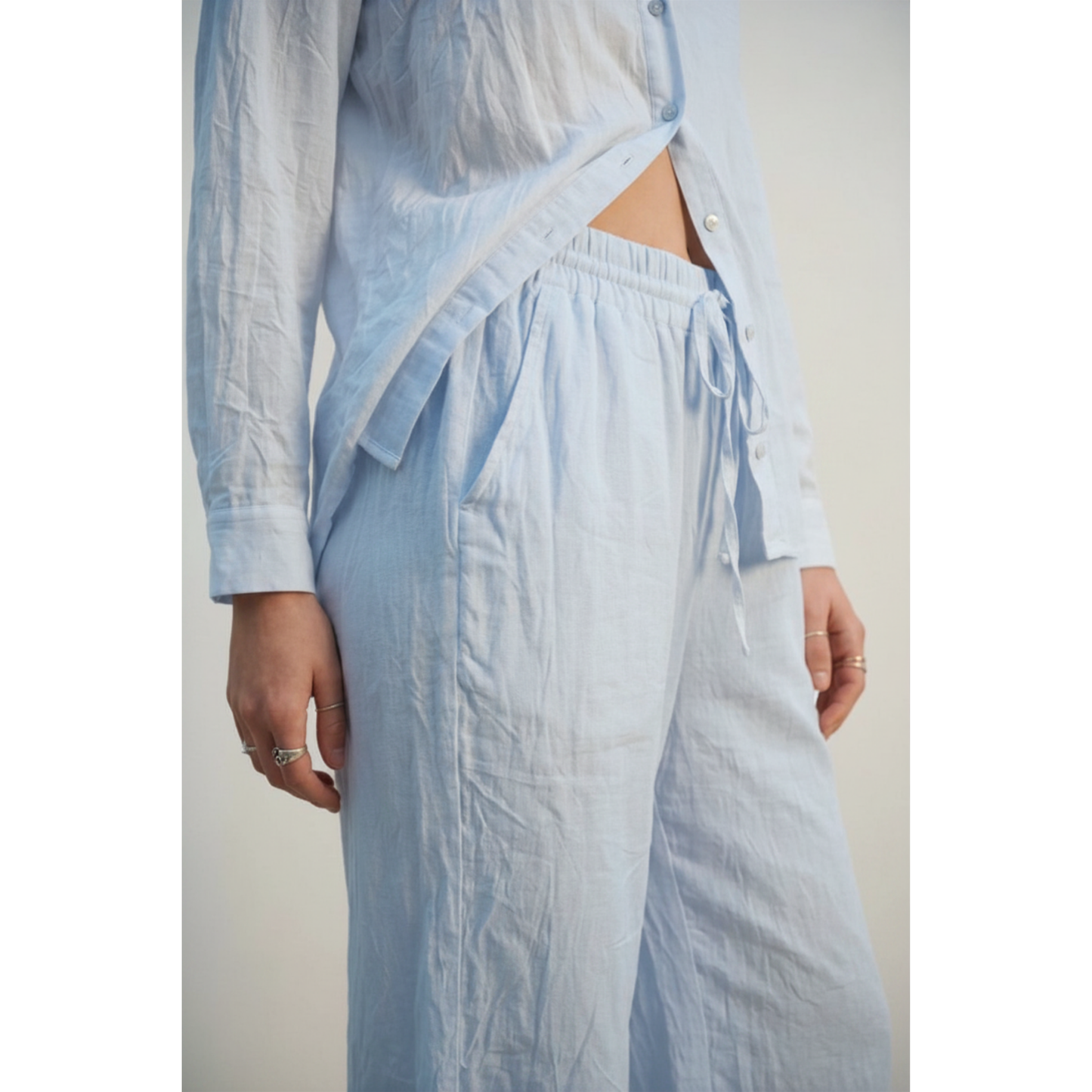 Elevé Light Blue Crinkled Wide-Leg Pants