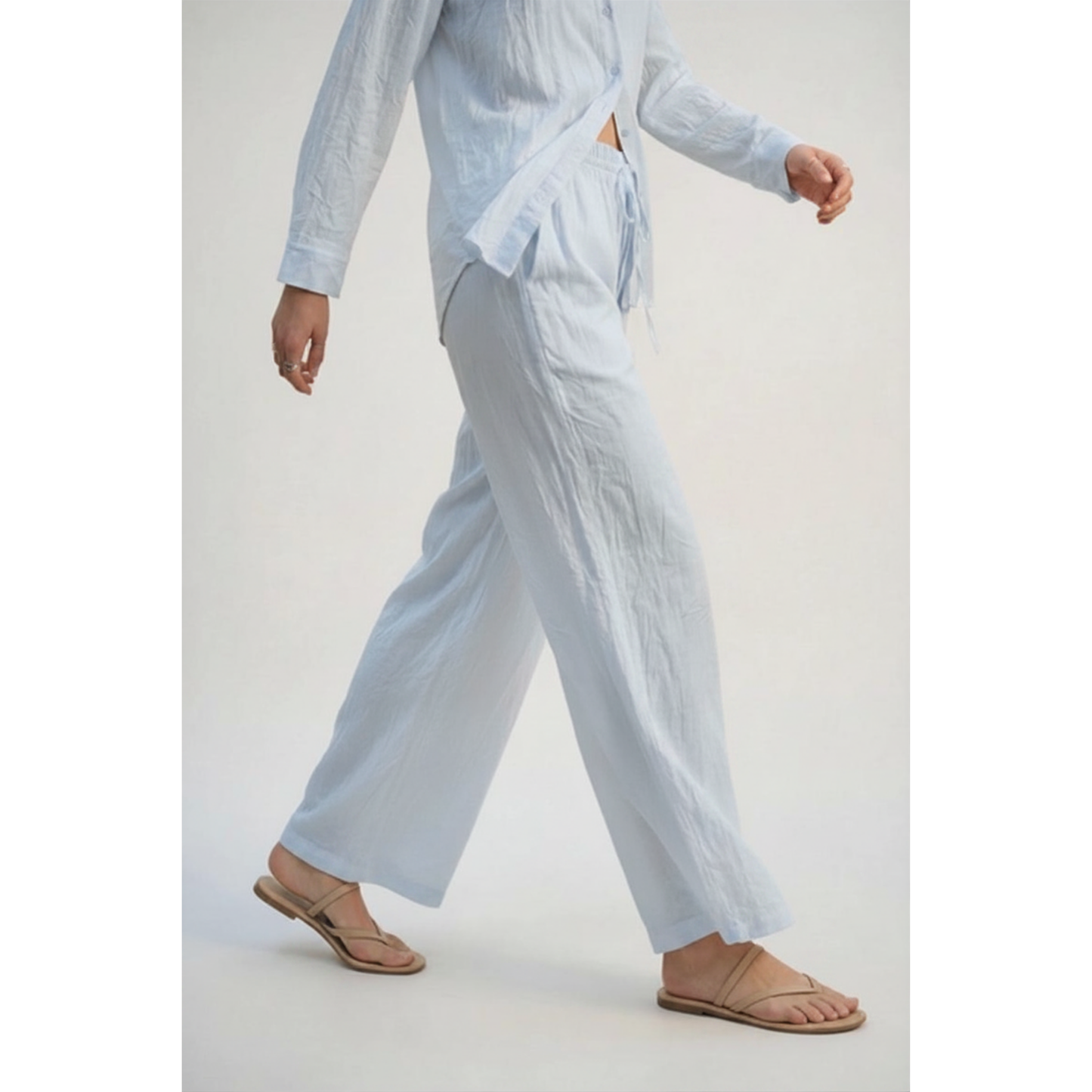 Elevé Light Blue Crinkled Wide-Leg Pants