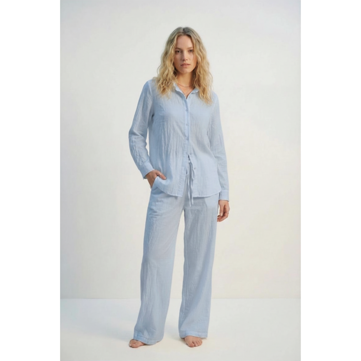 Elevé Light Blue Crinkled Wide-Leg Pants
