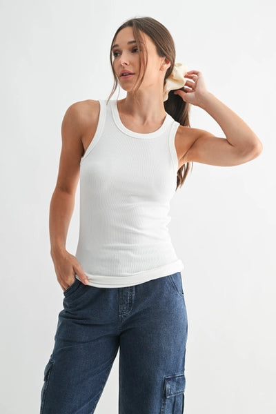 White micro-ribbed fitted racerback tank top, women's athleisure