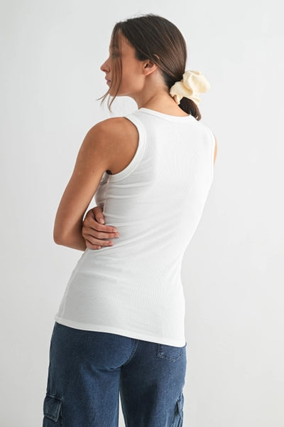Full-coverage racerback detail on white ribbed stretch tank top