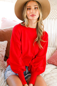Balloon Sleeve Knit Top Red