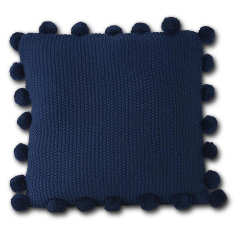 Blue Moss Stitch Knit Pillow w/ PomPom