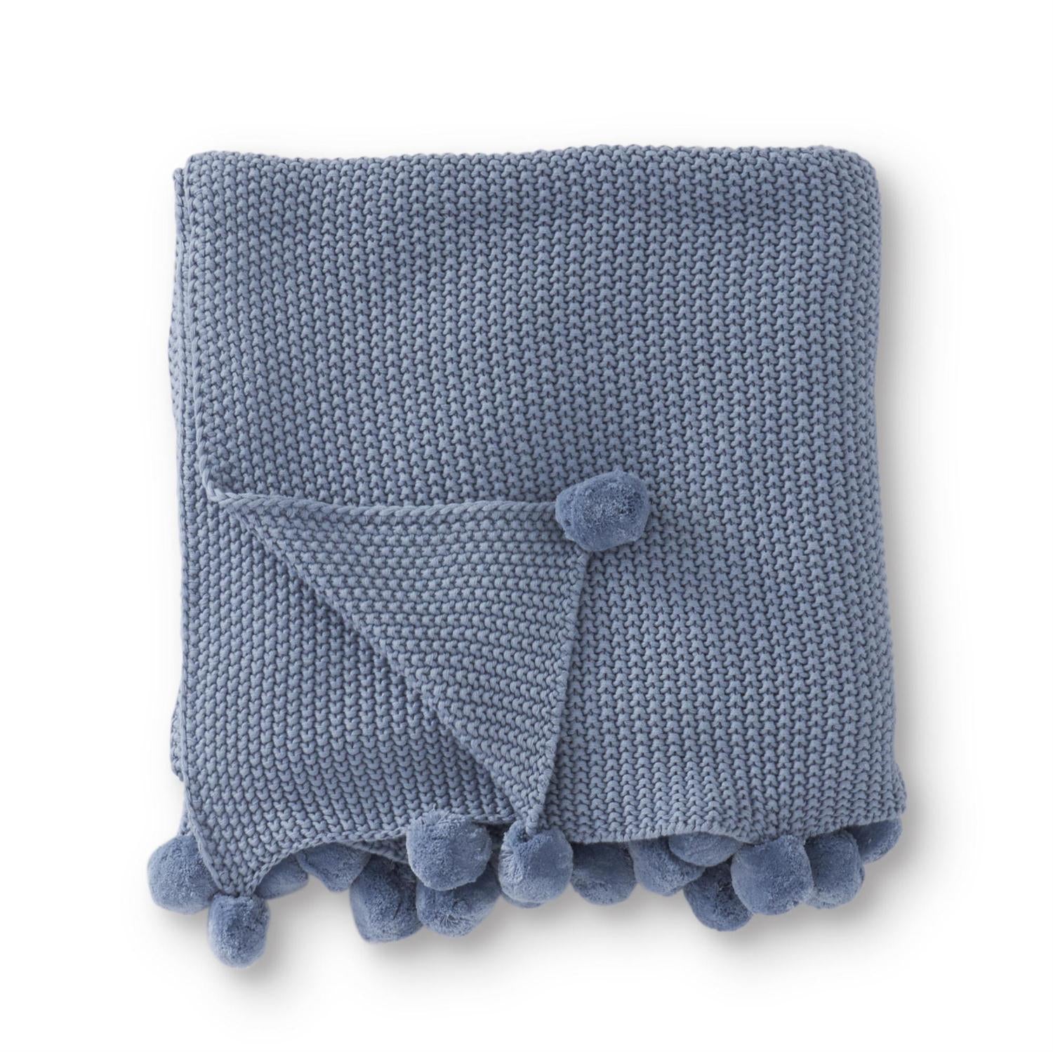 Light Blue Moss Stitch Knit Throw w/ PomPom