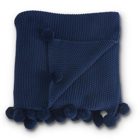 Blue Moss Stitch Knit Throw w/ PomPom