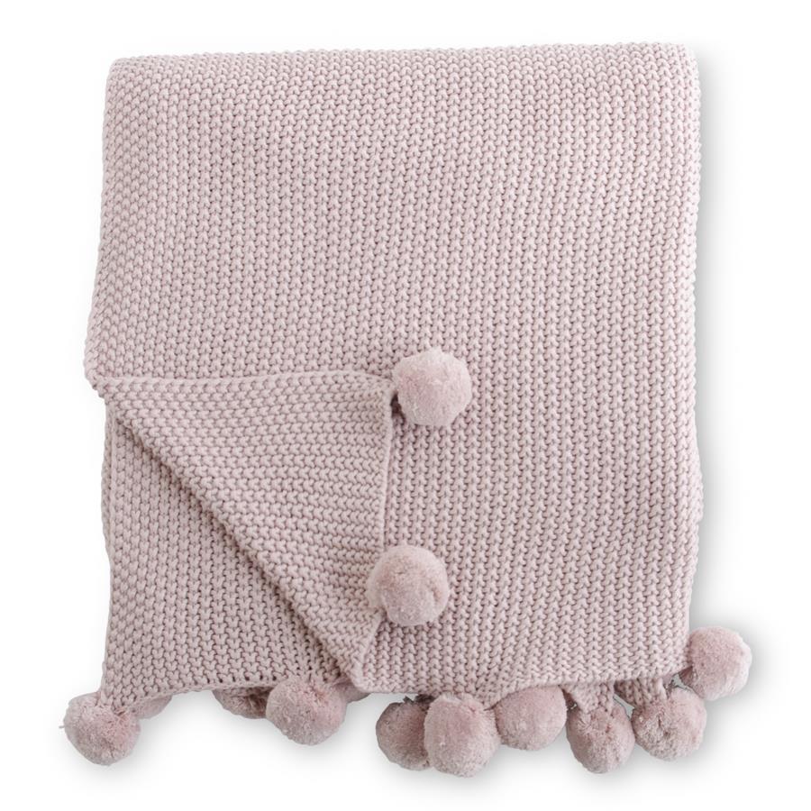 Pink Moss Stitch Knit Throw w/ PomPom