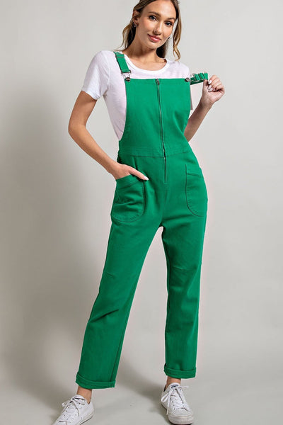 Soft Washed Zipper Front Overalls Green