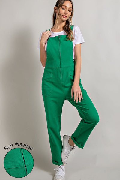 Soft Washed Zipper Front Overalls Green