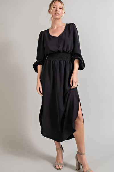 V-Neck Smocked Slit Midi Dress Black