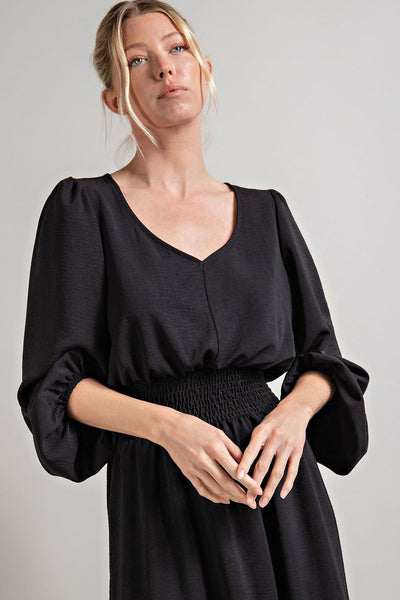 V-Neck Smocked Slit Midi Dress Black