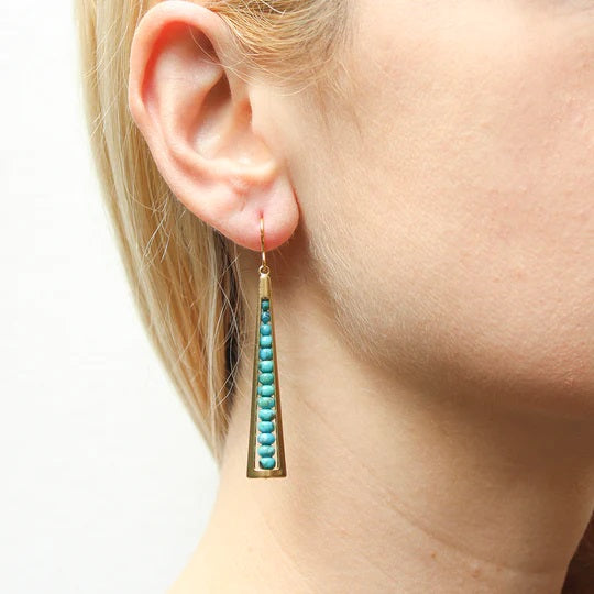 Long Cutout with Turquoise Bead Stack Wire Earrings