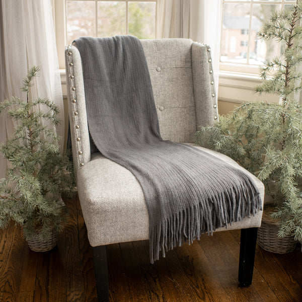 Gray Stripe Knitted Blanket with Fringe