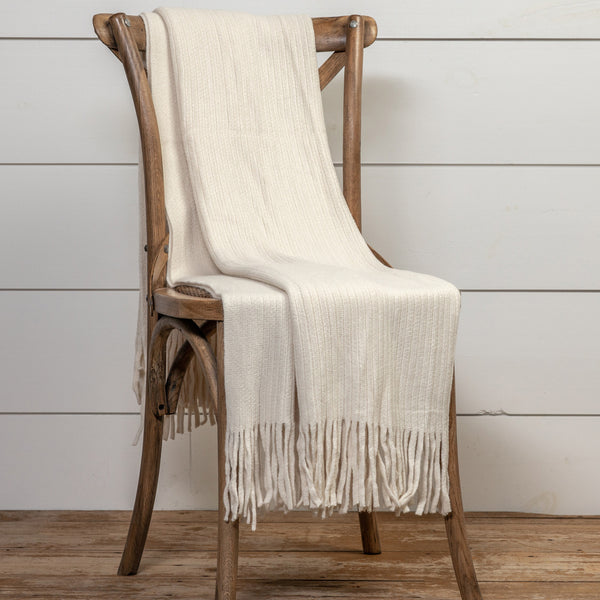 Cream Stripe Knitted Blanket with Fringe