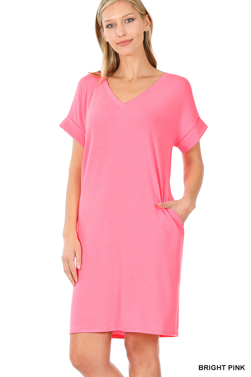 Rolled Cuff T-Shirt Dress Bright Pink