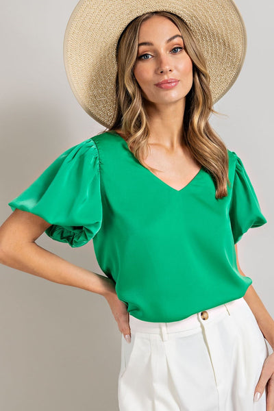 V-Neck Puff Sleeve Blouse Green