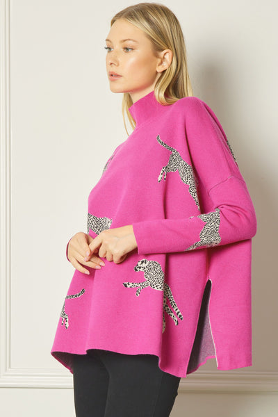 Cheetah Print Mock Neck Sweater Hot Pink