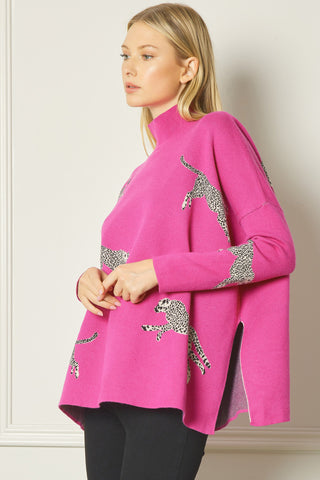 Cheetah Print Mock Neck Sweater Hot Pink